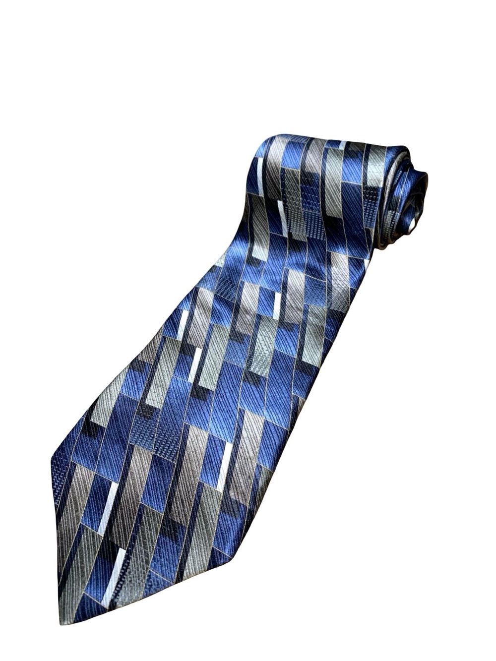 Savile Row Mens Silk Necktie Geometric Block Pattern Blue Grey Silver